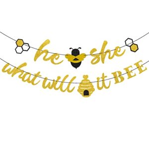 he or she what will it bee banner gender reveal garland with bee and beehive baby shower glitter party favor supplies decorations