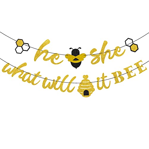 He or She What Will It Bee Banner Gender Reveal Garland with Bee and Beehive Baby Shower Glitter Party Favor Supplies Decorations