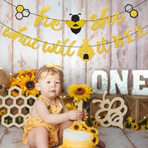 He or She What Will It Bee Banner Gender Reveal Garland with Bee and Beehive Baby Shower Glitter Party Favor Supplies Decorations