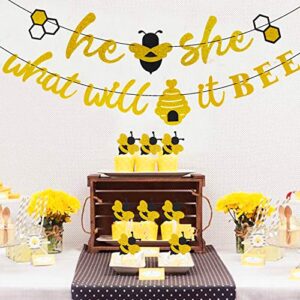 He or She What Will It Bee Banner Gender Reveal Garland with Bee and Beehive Baby Shower Glitter Party Favor Supplies Decorations