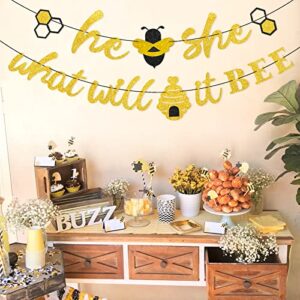 He or She What Will It Bee Banner Gender Reveal Garland with Bee and Beehive Baby Shower Glitter Party Favor Supplies Decorations