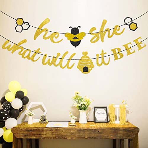 He or She What Will It Bee Banner Gender Reveal Garland with Bee and Beehive Baby Shower Glitter Party Favor Supplies Decorations