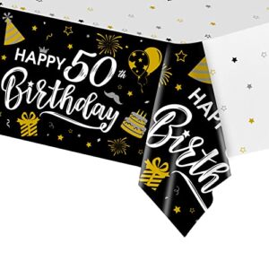 50th Birthday Decorations, 1pcs Black and Gold Happy Birthday Tablecloth for Men Women, Plastic Disposable Rectangle Table Cover for Birthday Party Decor- 54" x 108"