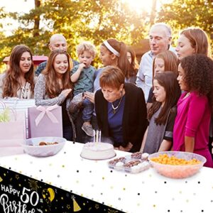 50th Birthday Decorations, 1pcs Black and Gold Happy Birthday Tablecloth for Men Women, Plastic Disposable Rectangle Table Cover for Birthday Party Decor- 54" x 108"