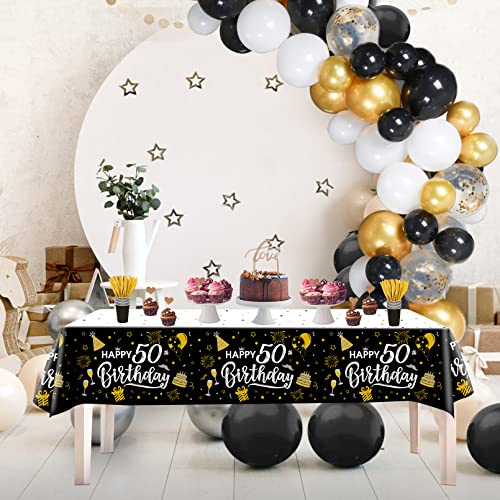 50th Birthday Decorations, 1pcs Black and Gold Happy Birthday Tablecloth for Men Women, Plastic Disposable Rectangle Table Cover for Birthday Party Decor- 54" x 108"