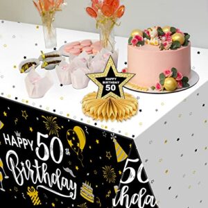 50th Birthday Decorations, 1pcs Black and Gold Happy Birthday Tablecloth for Men Women, Plastic Disposable Rectangle Table Cover for Birthday Party Decor- 54" x 108"