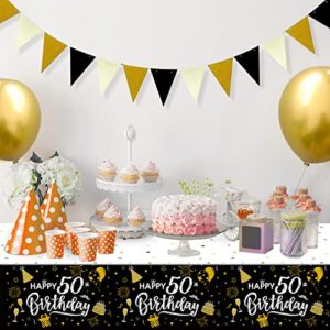 50th Birthday Decorations, 1pcs Black and Gold Happy Birthday Tablecloth for Men Women, Plastic Disposable Rectangle Table Cover for Birthday Party Decor- 54" x 108"