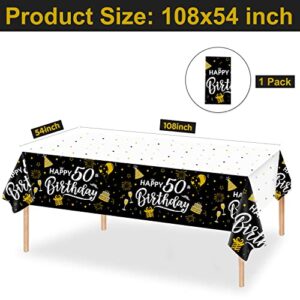 50th Birthday Decorations, 1pcs Black and Gold Happy Birthday Tablecloth for Men Women, Plastic Disposable Rectangle Table Cover for Birthday Party Decor- 54" x 108"