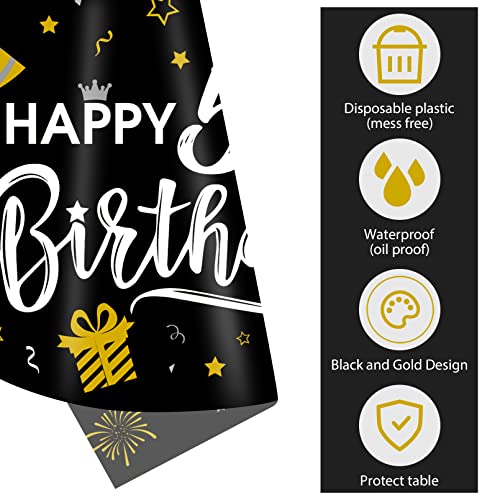 50th Birthday Decorations, 1pcs Black and Gold Happy Birthday Tablecloth for Men Women, Plastic Disposable Rectangle Table Cover for Birthday Party Decor- 54" x 108"