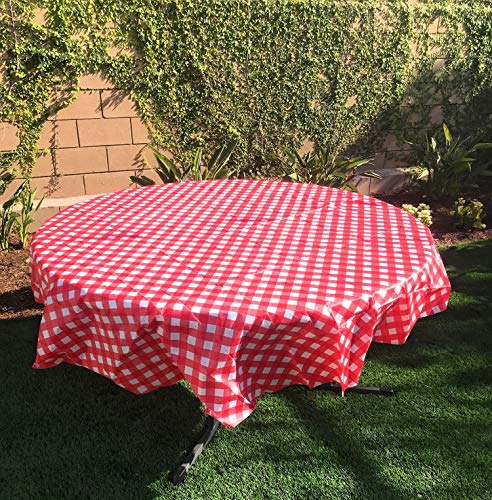 Oojami Pack of 4 Plastic Red and White Checkered Plastic Disposable Table Cloths for Parties 4 Pack - Picnic Table Covers (78" Round)