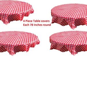 Oojami Pack of 4 Plastic Red and White Checkered Plastic Disposable Table Cloths for Parties 4 Pack - Picnic Table Covers (78" Round)