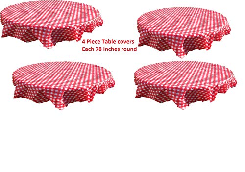 Oojami Pack of 4 Plastic Red and White Checkered Plastic Disposable Table Cloths for Parties 4 Pack - Picnic Table Covers (78" Round)