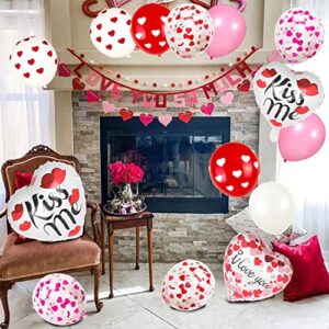 Valentines Day Decorations, 64Pcs Pink White Heart Print Balloons Heart Confetti Balloons Foil Balloons for Valentines Day Proposal Engagement Wedding Party Decorations