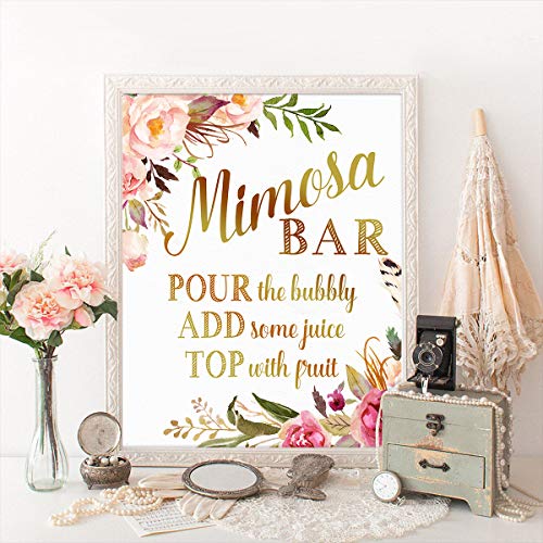 MORDUN Mimosa Bar Sign Banner Tags - Gold Floral Decorations for Bridal Shower Bubbly Bar Champagne Baby Shower Wedding Birthday Party Graduation Fiesta