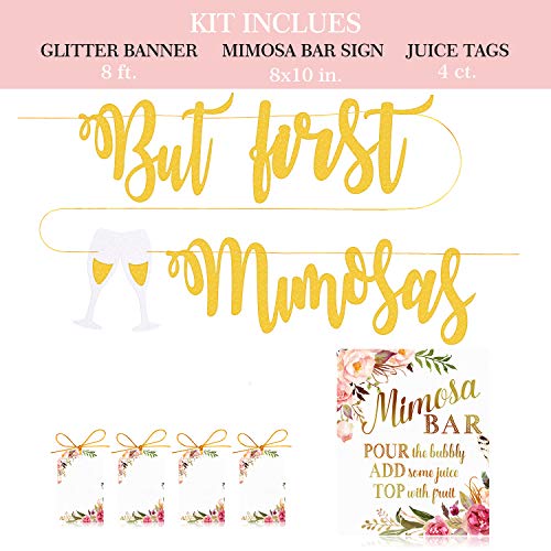 MORDUN Mimosa Bar Sign Banner Tags - Gold Floral Decorations for Bridal Shower Bubbly Bar Champagne Baby Shower Wedding Birthday Party Graduation Fiesta