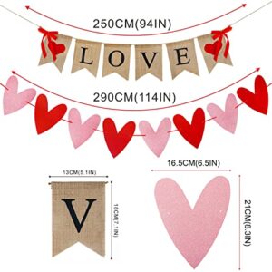 Valentines Day Decor, Love Burlap Banner Valentines Decorations Hanging Heart Garland Rustic Valentine Décor for Home Red Glittery Heart Banner Decor for Mantle Fireplace Wall