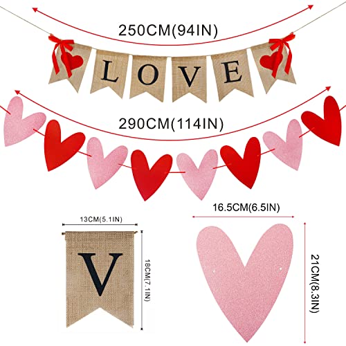 Valentines Day Decor, Love Burlap Banner Valentines Decorations Hanging Heart Garland Rustic Valentine Décor for Home Red Glittery Heart Banner Decor for Mantle Fireplace Wall