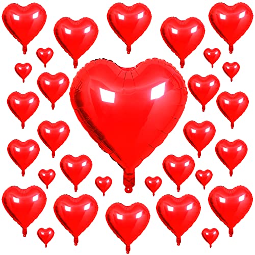 Songjum 31PCS Valentines Day Heart Foil Balloons Red Heart Foil Balloons with 32 Inch Large Red Heart Balloon for Valentines Day Romantic Decorations Engagement Wedding Anniversary Brithday Supplies