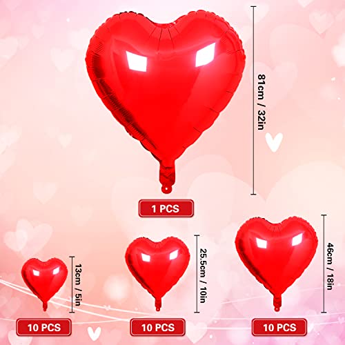 Songjum 31PCS Valentines Day Heart Foil Balloons Red Heart Foil Balloons with 32 Inch Large Red Heart Balloon for Valentines Day Romantic Decorations Engagement Wedding Anniversary Brithday Supplies