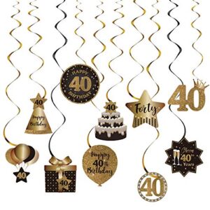happy 40th birthday party hanging swirls streams ceiling decorations, celebration 40 foil hanging swirls with cutouts for 40 years old black and gold birthday party decorations supplies