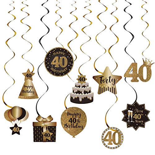 Happy 40th Birthday Party Hanging Swirls Streams Ceiling Decorations, Celebration 40 Foil Hanging Swirls with Cutouts for 40 Years Old Black and Gold Birthday Party Decorations Supplies