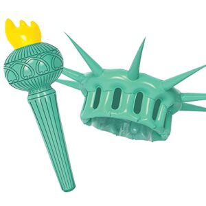 beistle 22.25″ & 17.5″ inflatable adult statue of liberty costume crown and torch, patriotic party accessories, green/yellow/black
