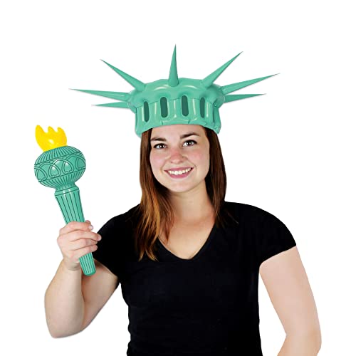 Beistle 22.25" & 17.5" Inflatable Adult Statue Of Liberty Costume Crown And Torch, Patriotic Party Accessories, Green/Yellow/Black