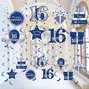 blue silver 16th birthday hanging swirls decorations for boys, 16pcs happy 16 year old birthday foil swirl party supplies, sixteen birthday ceiling hanging sign decor