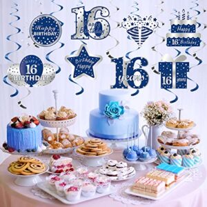 Blue Silver 16th Birthday Hanging Swirls Decorations for Boys, 16Pcs Happy 16 Year Old Birthday Foil Swirl Party Supplies, Sixteen Birthday Ceiling Hanging Sign Decor