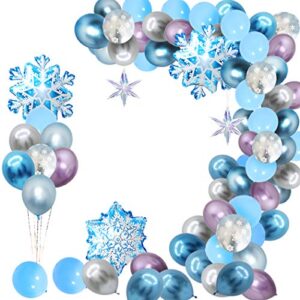 finypa snowflake balloon garland arch kit 90pcs snowflake balloons for winter wonderland, holiday, christmas, baby shower, snow princess birthday party decorations garland balloon with purple white