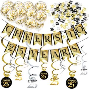 25th birthday party decorations and anniversary pack – cheers to 25 years banner, balloons, swirls and confetti party supplies