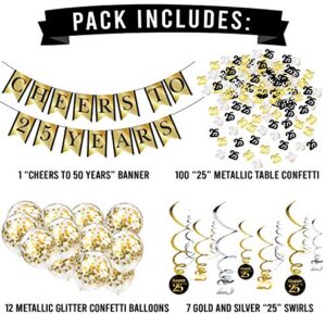 25th Birthday Party Decorations and Anniversary Pack - Cheers to 25 Years Banner, Balloons, Swirls and Confetti Party Supplies