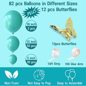 Visondeco Teal Balloons - 94pcs Teal Balloon Garland Kit with Gold Butterflies, 5 Inch 12 Inch 18 Inch Teal Balloon Arch Kit Turquoise Balloons