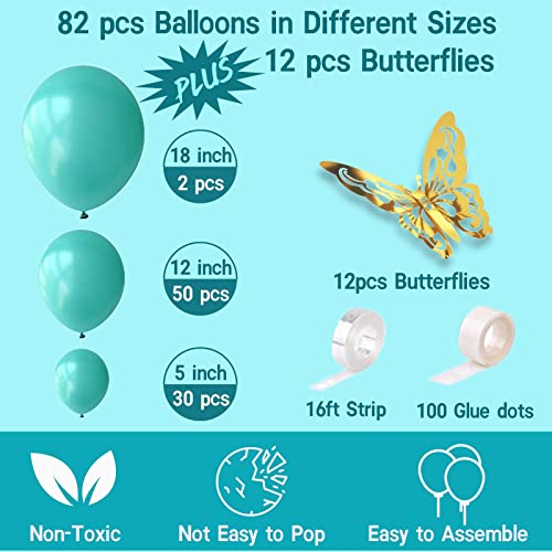 Visondeco Teal Balloons - 94pcs Teal Balloon Garland Kit with Gold Butterflies, 5 Inch 12 Inch 18 Inch Teal Balloon Arch Kit Turquoise Balloons