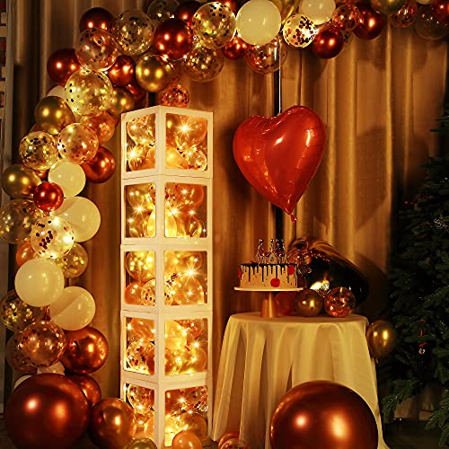 5 Pcs Balloon Boxes with 48 Rose Gold Balloons, Transparent Balloon Block with 5 LED Light Strings for Bridal Shower Decorations, Bachelorette Parties Engagement Weddings Centerpieces Birthday Decor