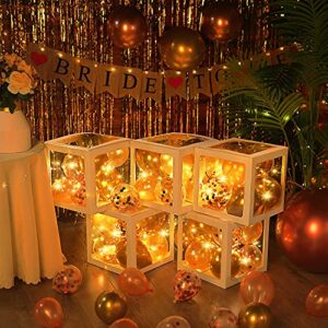 5 Pcs Balloon Boxes with 48 Rose Gold Balloons, Transparent Balloon Block with 5 LED Light Strings for Bridal Shower Decorations, Bachelorette Parties Engagement Weddings Centerpieces Birthday Decor