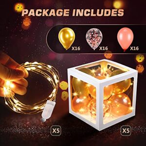 5 Pcs Balloon Boxes with 48 Rose Gold Balloons, Transparent Balloon Block with 5 LED Light Strings for Bridal Shower Decorations, Bachelorette Parties Engagement Weddings Centerpieces Birthday Decor