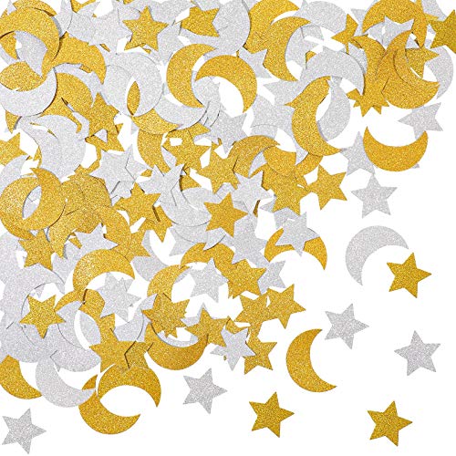 400 Pieces Glitter Star and Moon Paper Confetti Double Side Table Paper Confetti Sequin for Wedding Birthday Baby Shower Moon and Star Party Ramadan Mubarak Decor (Gold, Silver)