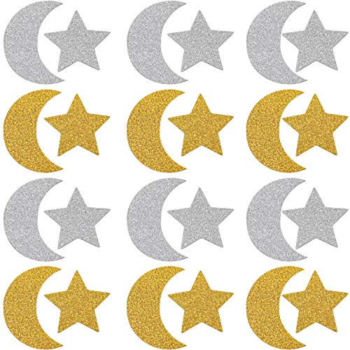 400 Pieces Glitter Star and Moon Paper Confetti Double Side Table Paper Confetti Sequin for Wedding Birthday Baby Shower Moon and Star Party Ramadan Mubarak Decor (Gold, Silver)