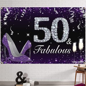 hamigar 6x4ft happy 50th birthday banner backdrop – 50 & fabulous heels birthday decorations party supplies for women – purple