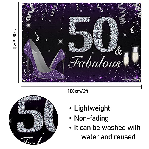 HAMIGAR 6x4ft Happy 50th Birthday Banner Backdrop - 50 & Fabulous Heels Birthday Decorations Party Supplies for Women - Purple