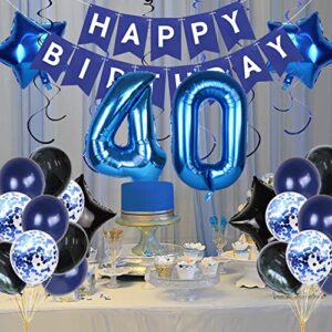 40th Birthday Decorations, 40th Birthday Decorations for Men, Happy Birthday Banner Blue Number 40 Foil Balloon for 40th Anniversary Decorations Birthday Party Backdrop