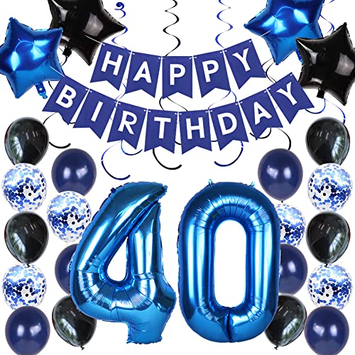 40th Birthday Decorations, 40th Birthday Decorations for Men, Happy Birthday Banner Blue Number 40 Foil Balloon for 40th Anniversary Decorations Birthday Party Backdrop