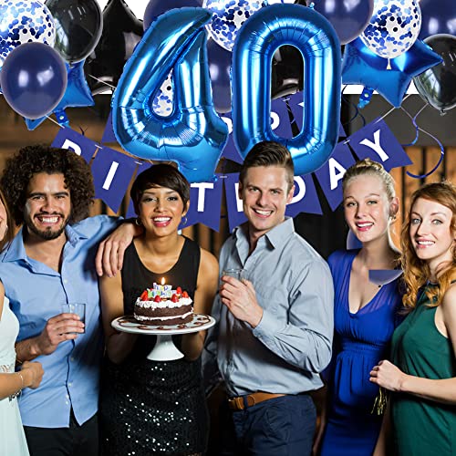 40th Birthday Decorations, 40th Birthday Decorations for Men, Happy Birthday Banner Blue Number 40 Foil Balloon for 40th Anniversary Decorations Birthday Party Backdrop