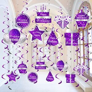 30pcs purple silver happy birthday decorations hanging swirls party supplies, happy birthday foil swirl decor for women girls, 10th 16th 18th 21st 30th 40th 50th 60th ceiling swirl sign