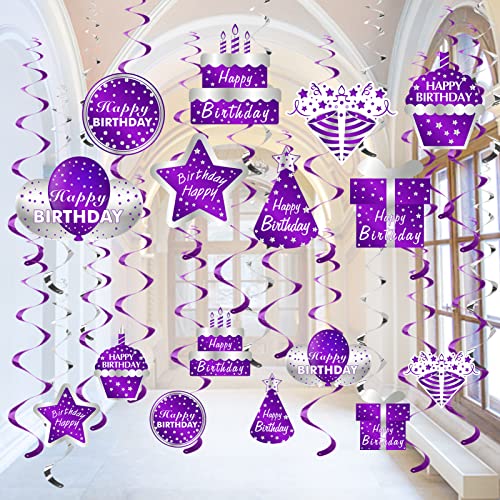 30Pcs Purple Silver Happy Birthday Decorations Hanging Swirls Party Supplies, Happy Birthday Foil Swirl Decor for Women Girls, 10th 16th 18th 21st 30th 40th 50th 60th Ceiling Swirl Sign