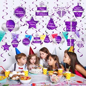 30Pcs Purple Silver Happy Birthday Decorations Hanging Swirls Party Supplies, Happy Birthday Foil Swirl Decor for Women Girls, 10th 16th 18th 21st 30th 40th 50th 60th Ceiling Swirl Sign