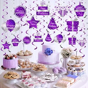 30Pcs Purple Silver Happy Birthday Decorations Hanging Swirls Party Supplies, Happy Birthday Foil Swirl Decor for Women Girls, 10th 16th 18th 21st 30th 40th 50th 60th Ceiling Swirl Sign