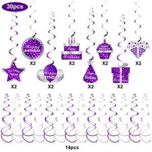 30Pcs Purple Silver Happy Birthday Decorations Hanging Swirls Party Supplies, Happy Birthday Foil Swirl Decor for Women Girls, 10th 16th 18th 21st 30th 40th 50th 60th Ceiling Swirl Sign