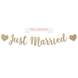 pre-strung just married banner – no diy – gold glitter wedding party banner in script – pre-strung garland on 6 ft strand – gold wedding reception party decorations & decor. did we mention no diy?